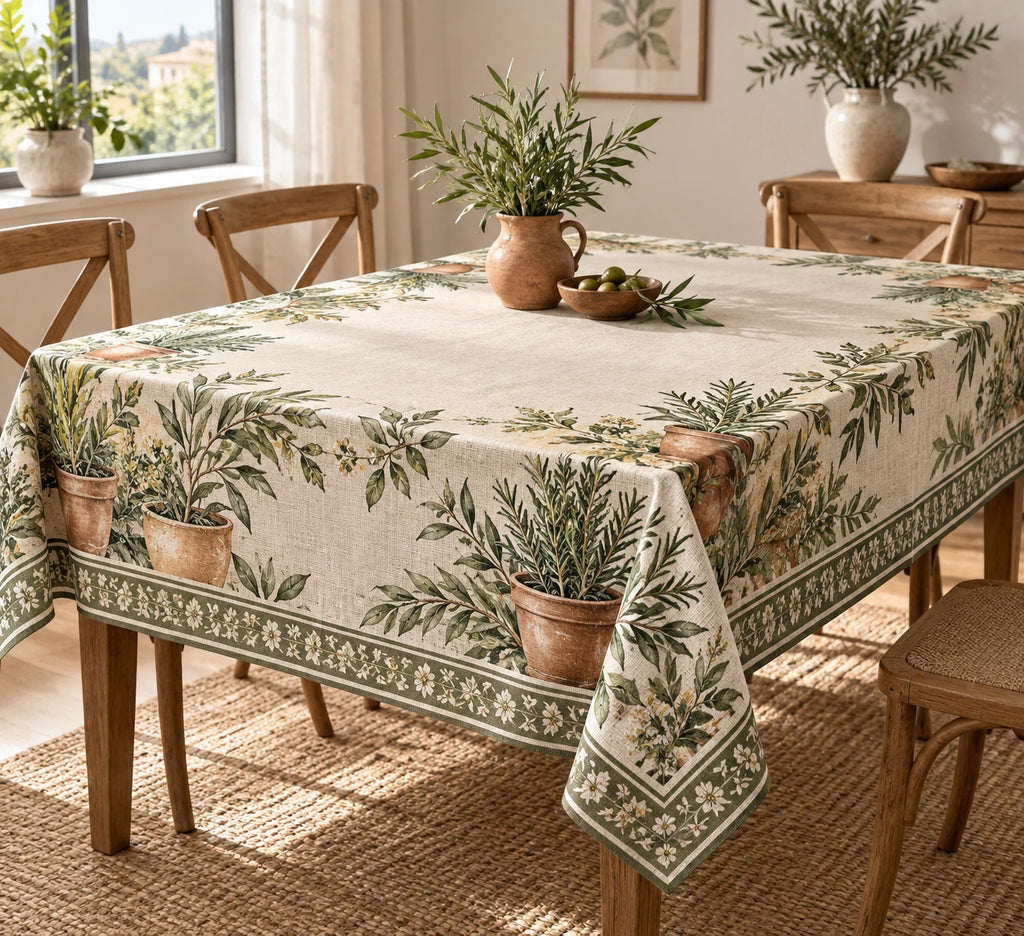 Tarragon Kitchen Window Tablecloth with printed dimensional artwork