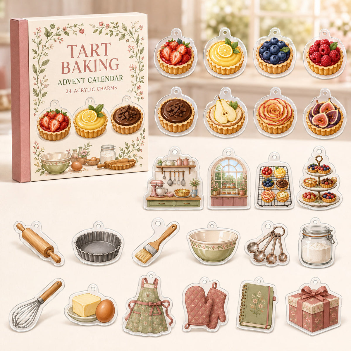 Tart Baking advent calendar box with 24 decorative printed acrylic charms, not food