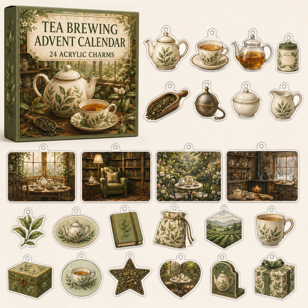 Tea Brewing advent calendar box and24 beverage-themed printed acrylic charms