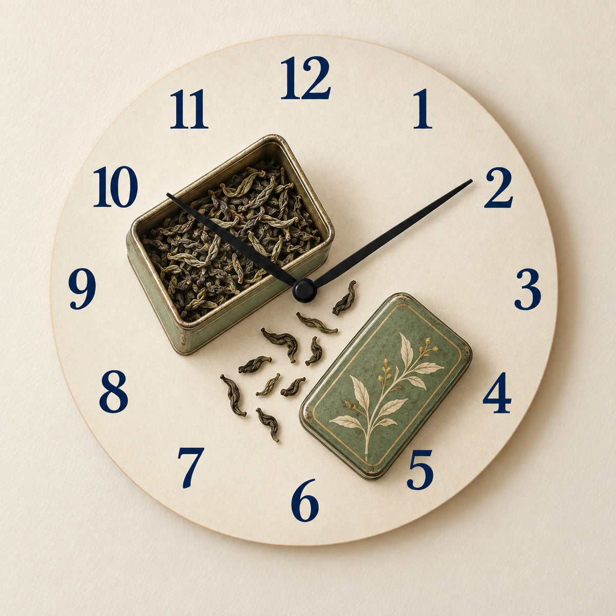 Tea Caddy Open Tin Wooden Wall Clock with printed metal rim and loose-leaf tea depth