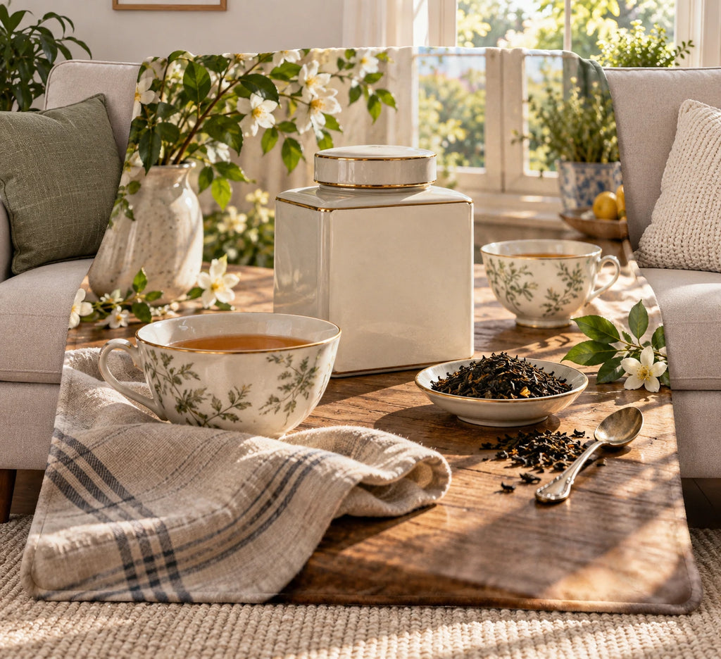 Tea Caddy Tea for Two Fleece Blanket with printed cup, linen and dimensional tea-table depth