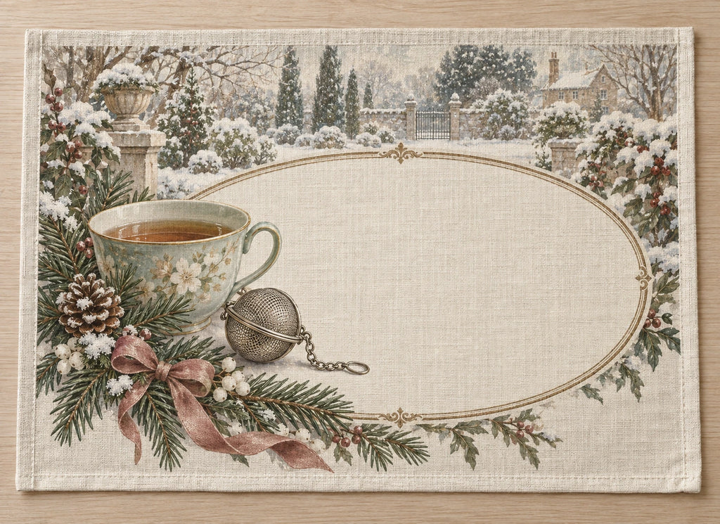 Tea Infuser Holiday Tea Placemat with printed dimensional cup, infuser and snowy garden artwork
