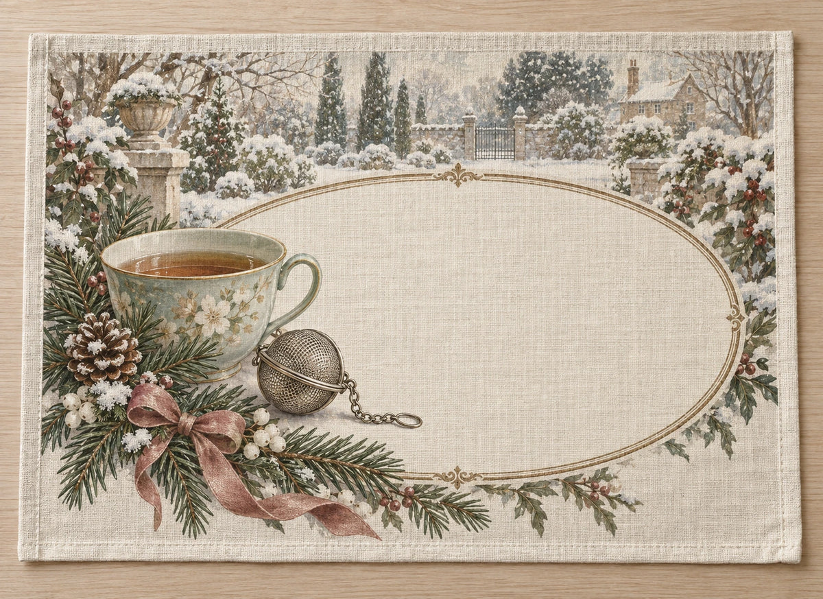 Tea Infuser Holiday Tea Placemat with printed dimensional cup, infuser and snowy garden artwork