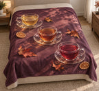 Tea Sampler Autumn Tasting Fleece Throw Blanket with printed glass-cup and leaf depth