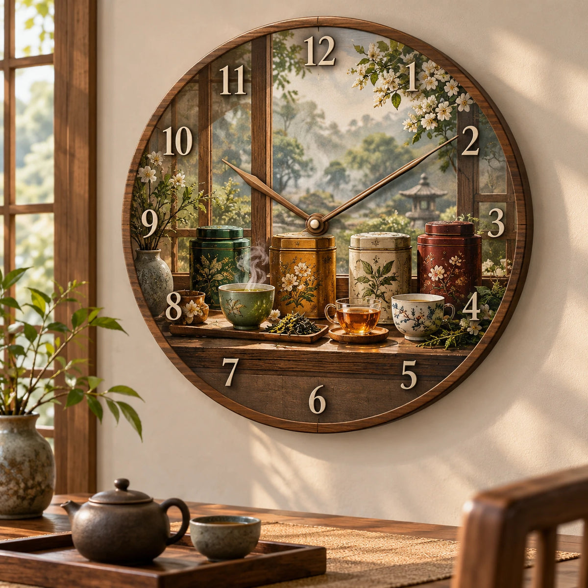 Tea Sampler Window Pause Wooden Wall Clock with printed dimensional artwork