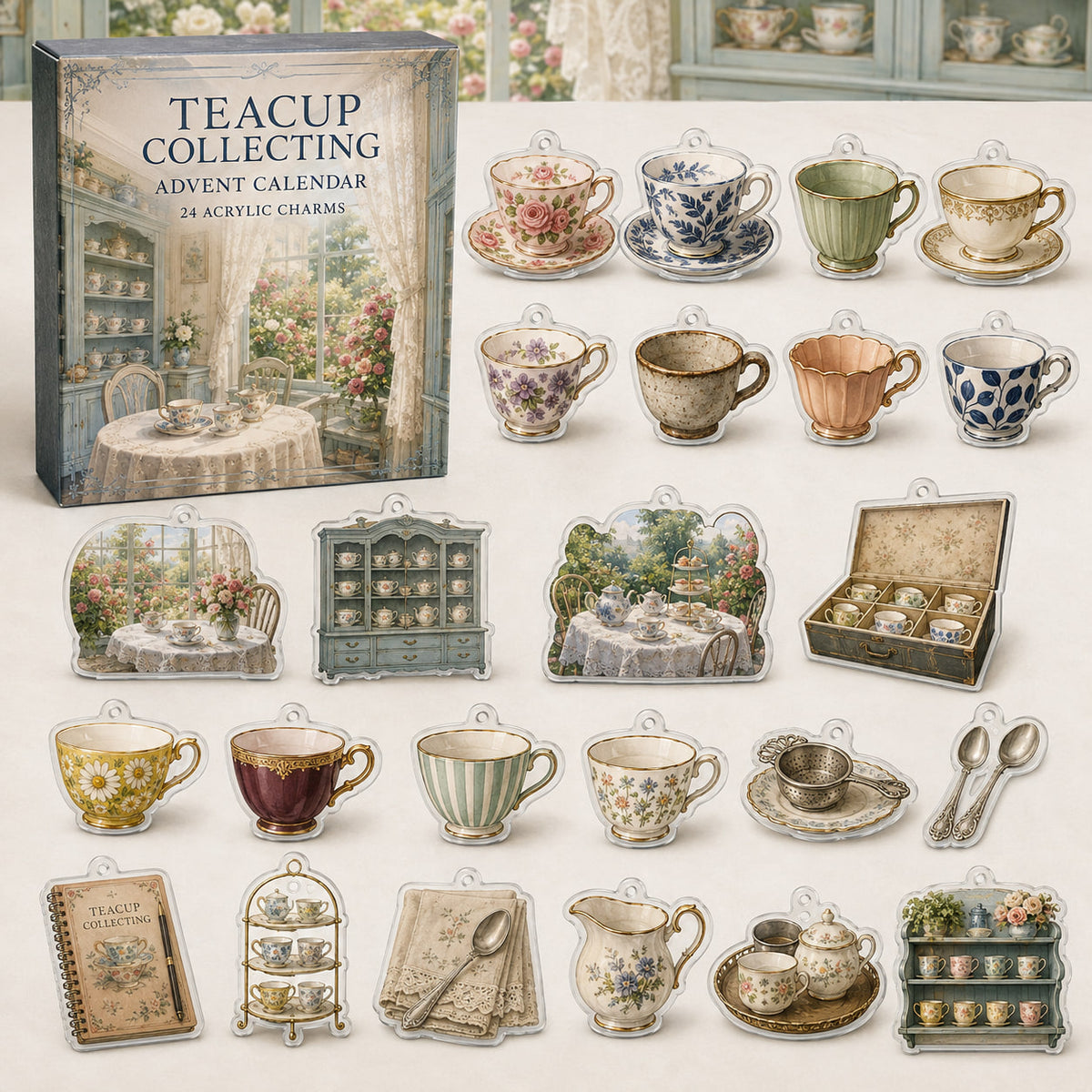 Teacup Collecting advent calendar box and 24 printed acrylic charms