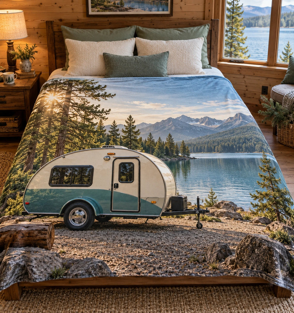 Teardrop trailer by mountain lake, flat printed optical-depth fleece blanket.