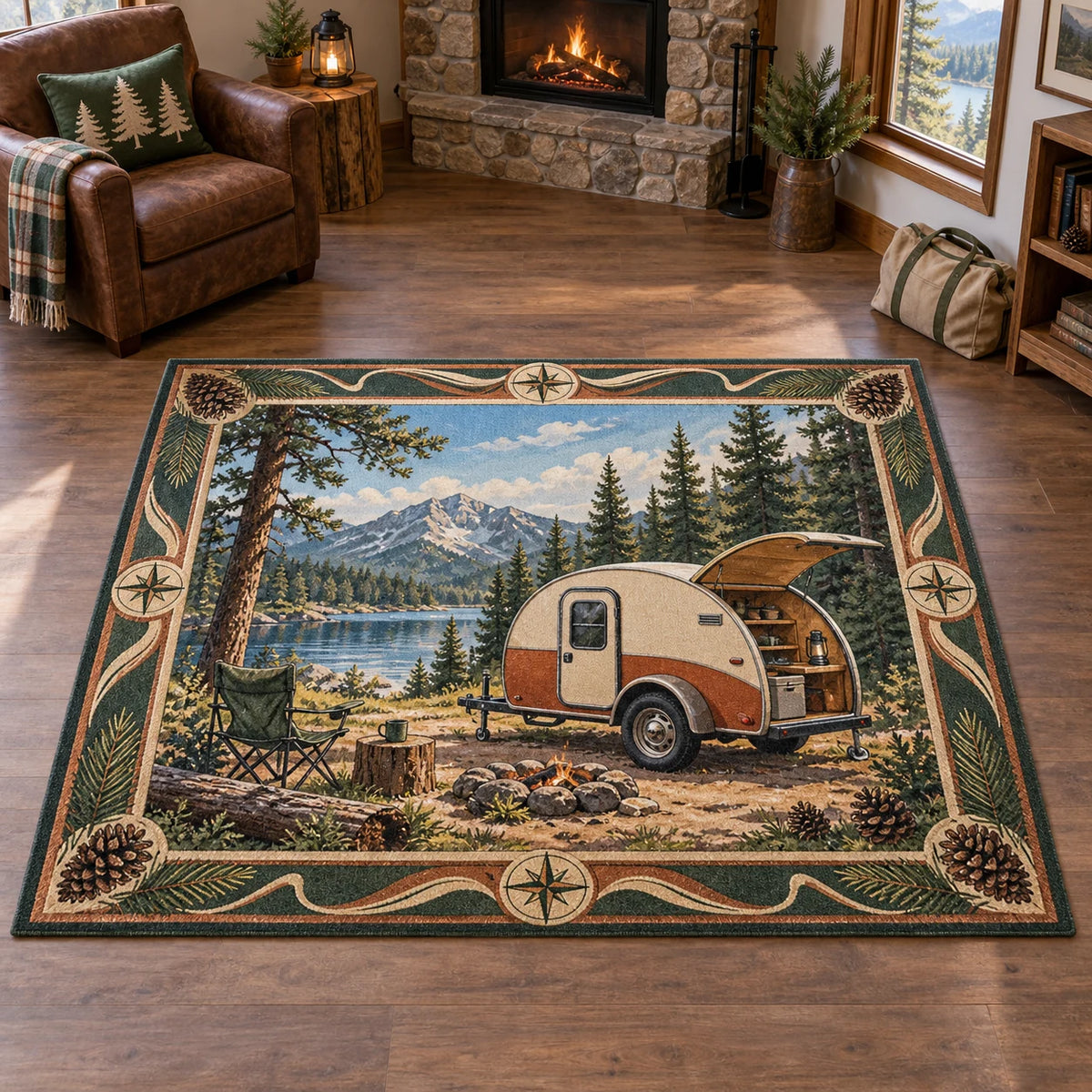 All corners visible; teardrop trailer and open galley beside a chair, fire ring and mountain lake.