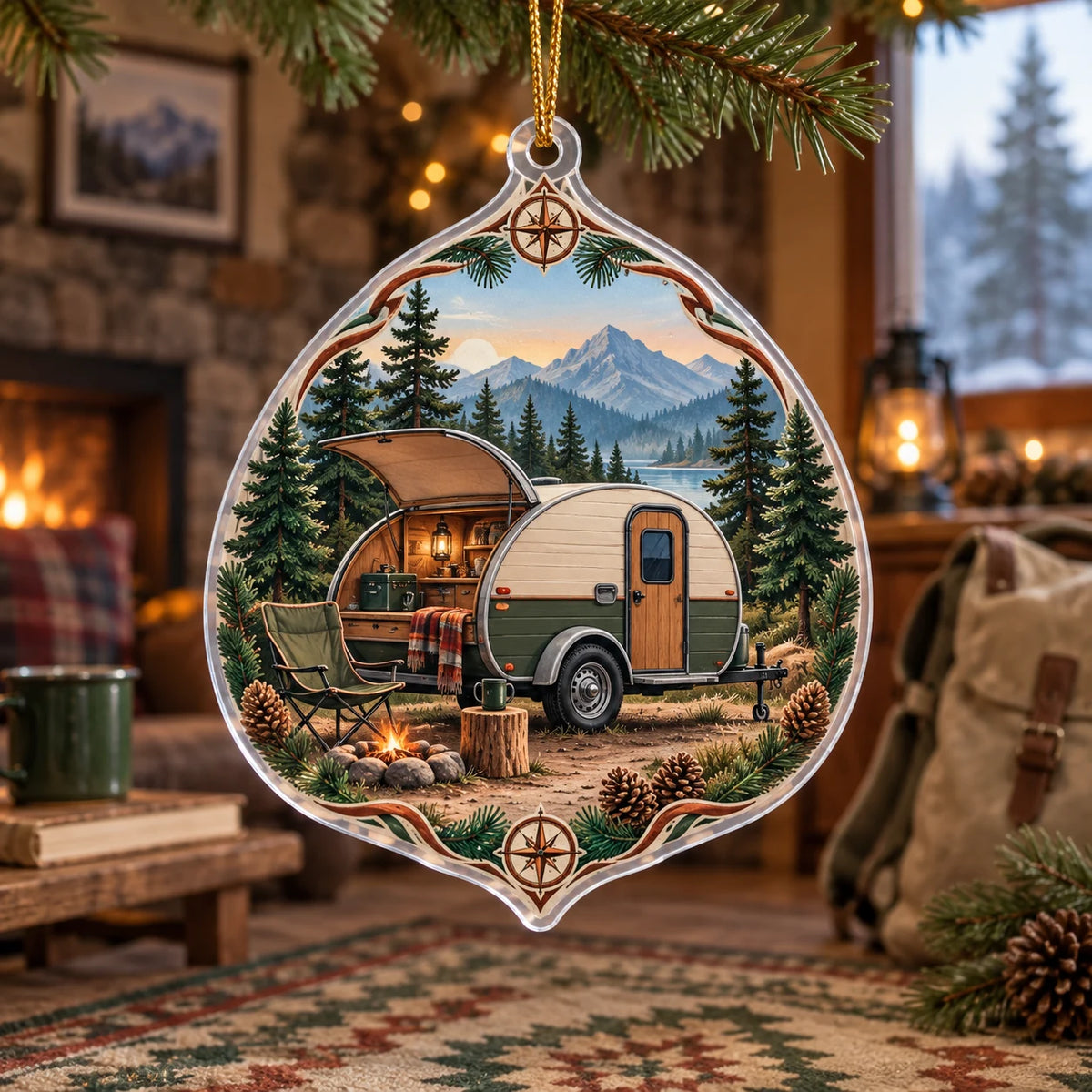 Supported gold cord and thin rim; opaque teardrop trailer campsite with mountain backdrop.