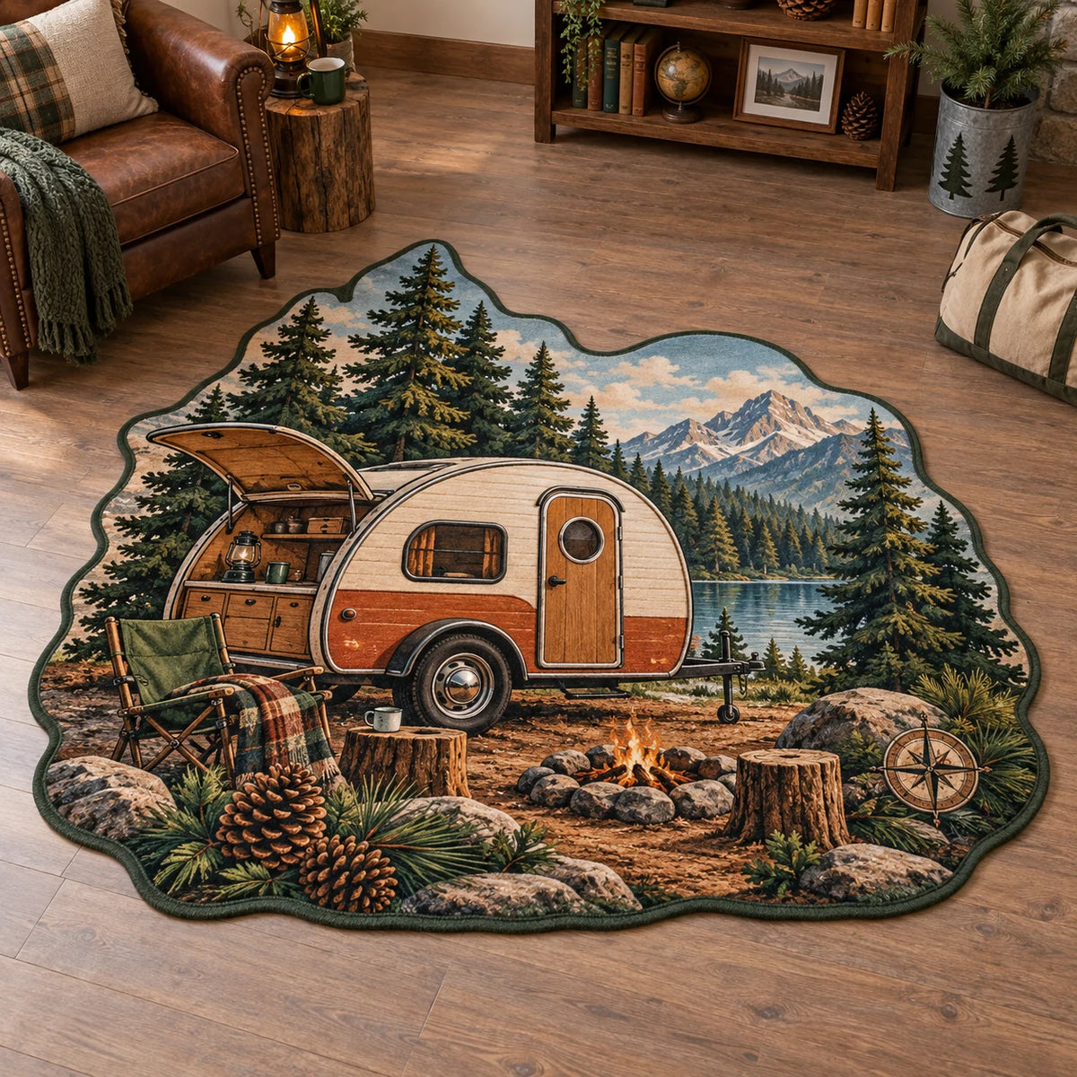 Full irregular green outline; coherent trailer and galley, campfire, chairs and pinecone foreground.