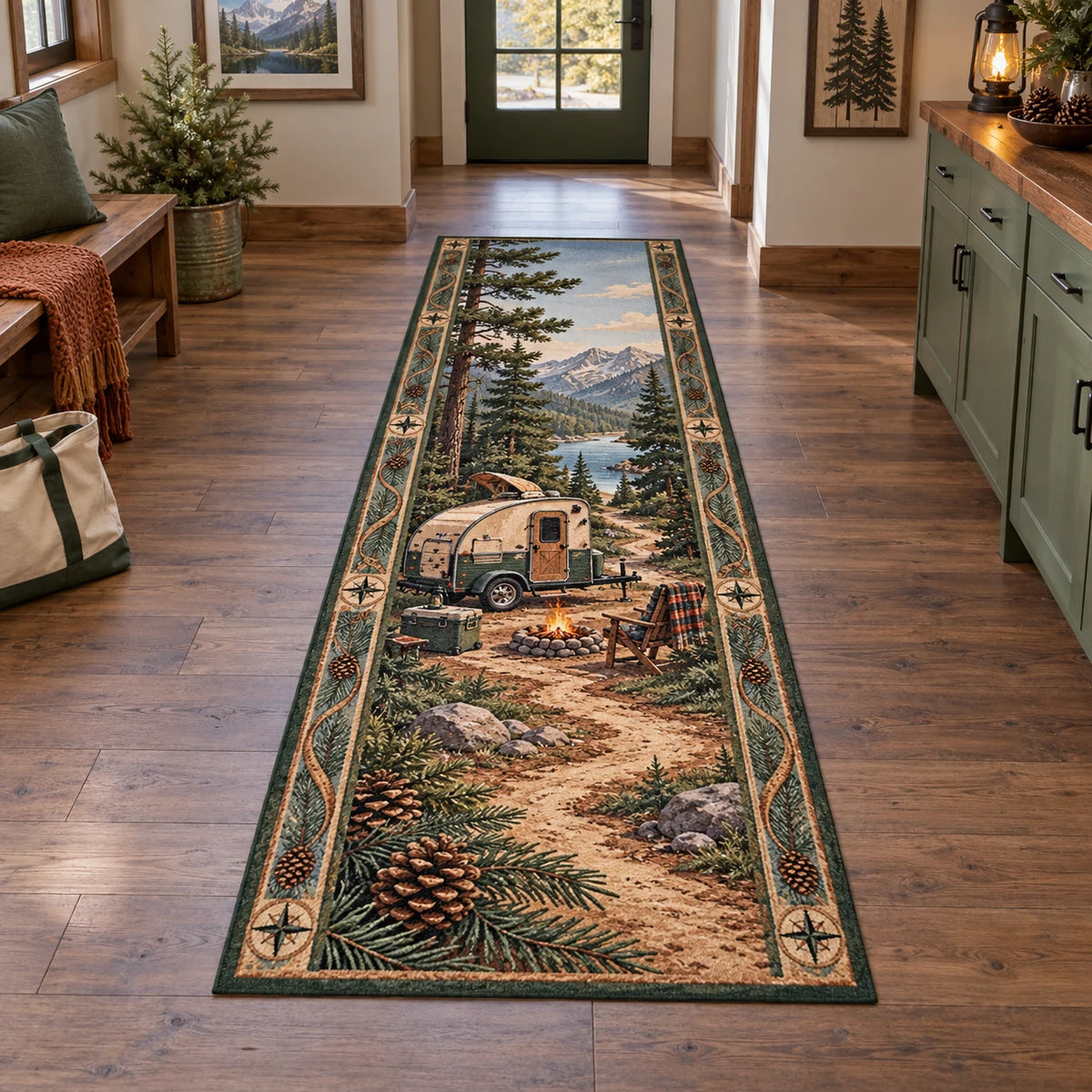 Full long outline; pinecone foreground and trail lead to a compact trailer, chair and lake.