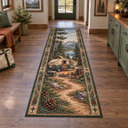 Full long outline; pinecone foreground and trail lead to a compact trailer, chair and lake.