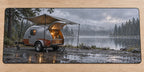 Teardrop Trailer Rainy Camp Desk Mat with printed rear galley and rainy lake depth