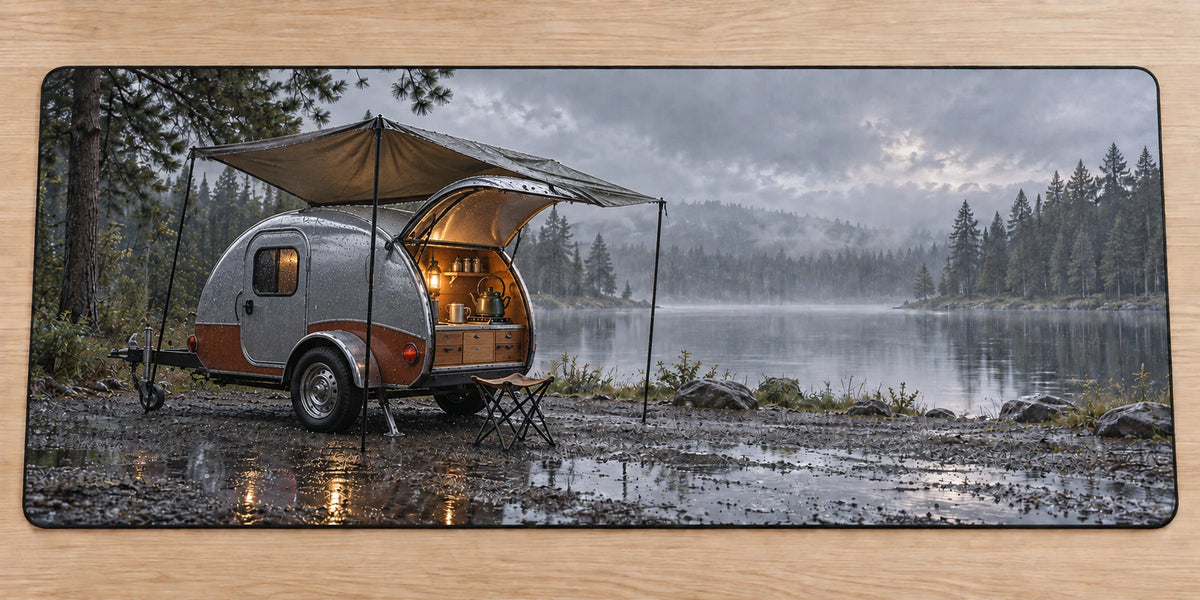 Teardrop Trailer Rainy Camp Desk Mat with printed rear galley and rainy lake depth