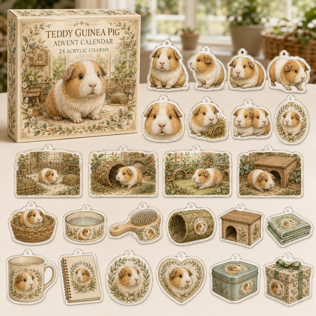 Teddy Guinea Pig calendar box and 24 flat printed acrylic charms