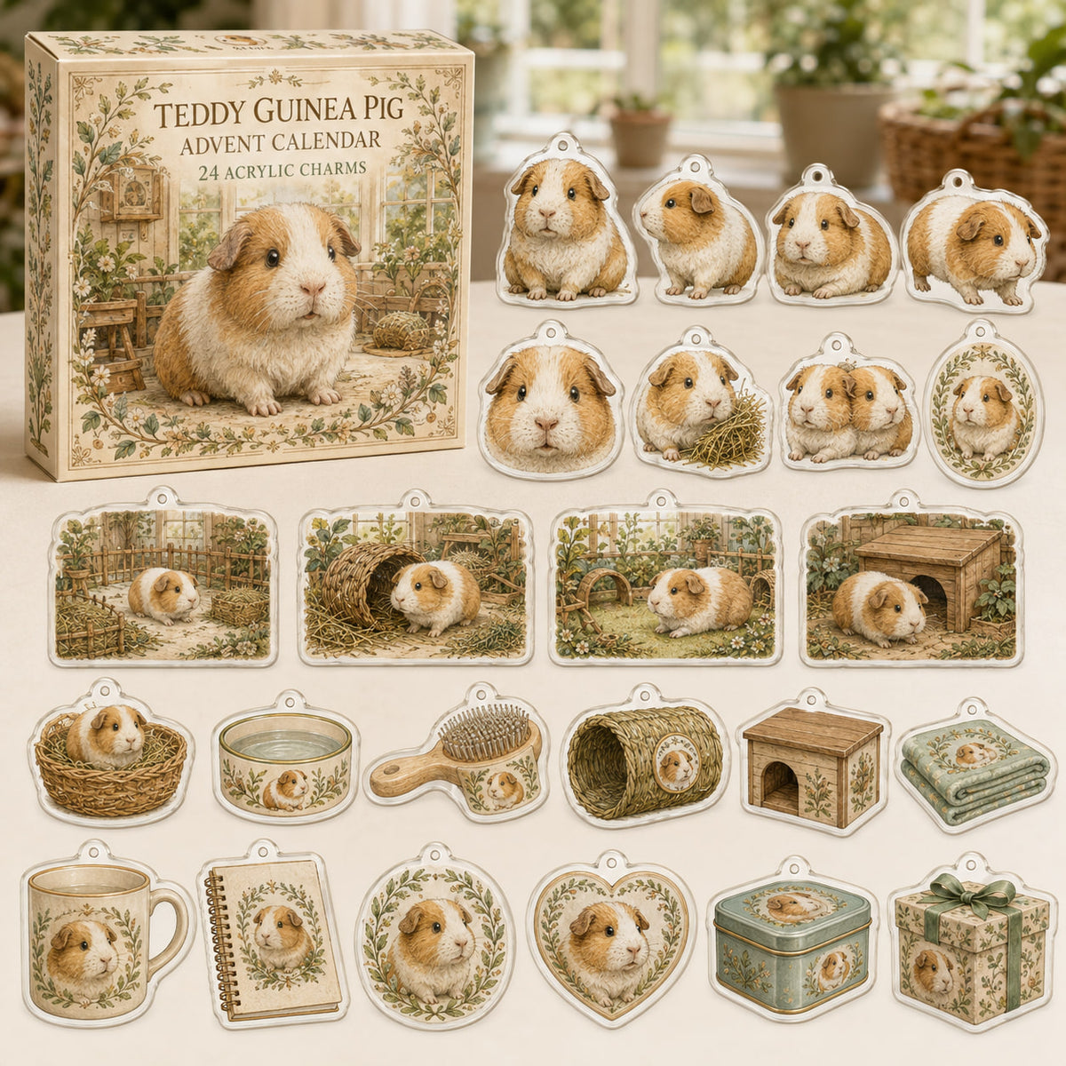 Teddy Guinea Pig calendar box and 24 flat printed acrylic charms