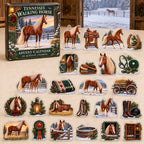 Tennessee Walking Horse advent calendar box and 24 illustrated acrylic charms displayed on an ivory tabletop in a winter setting