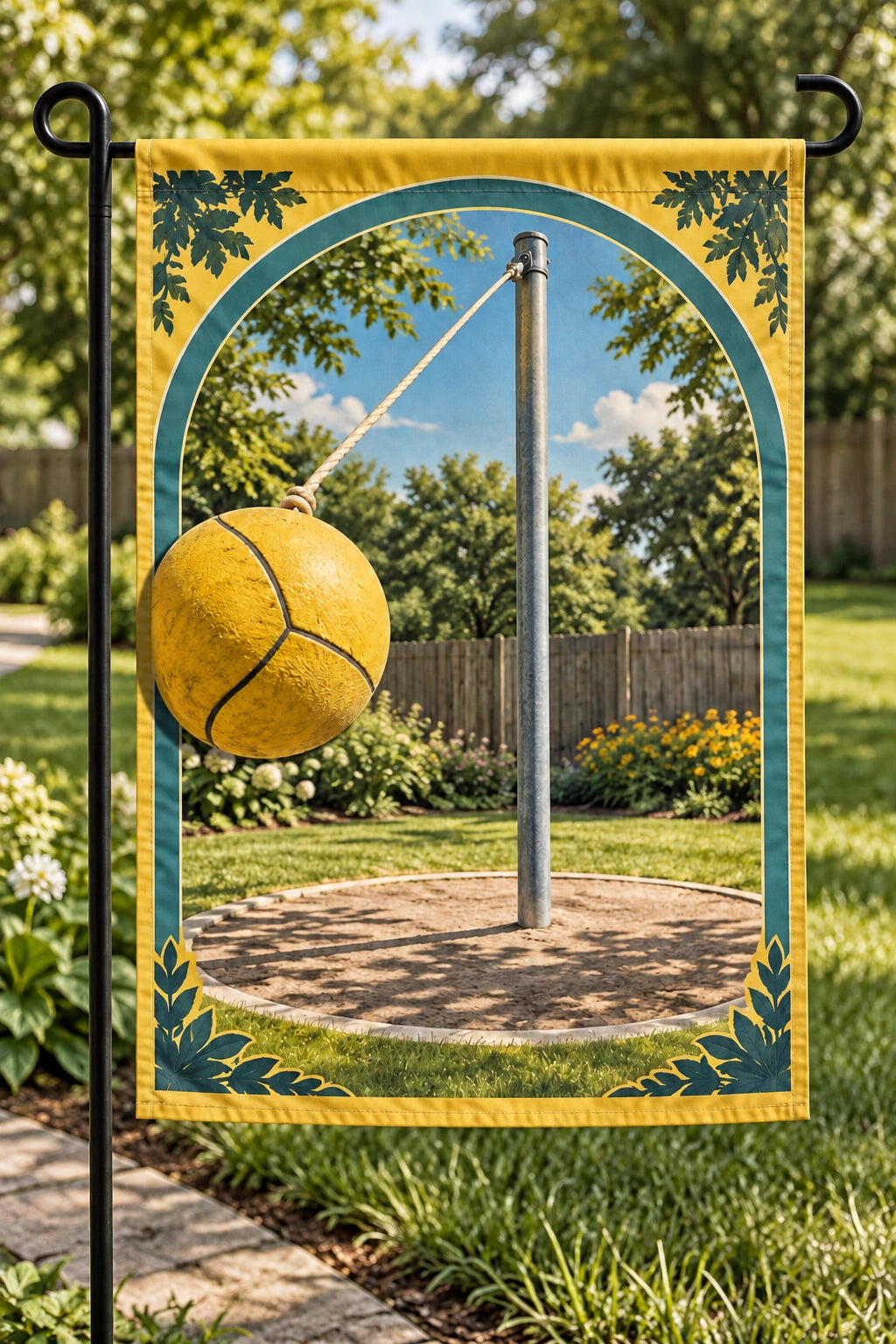 Tetherball Backyard Play Garden Flag with original printed optical 3D artwork