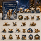 Texas Longhorn Cattle advent calendar box and full set of 24 illustrated acrylic charms on a light tabletop