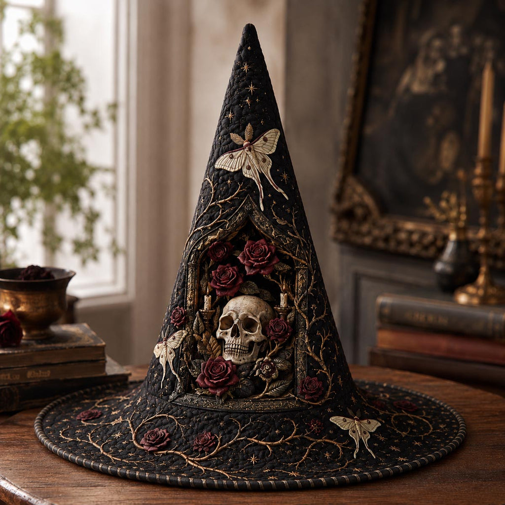 The Beauty In The Dark quilted witch hat, all-over print on cone and brim