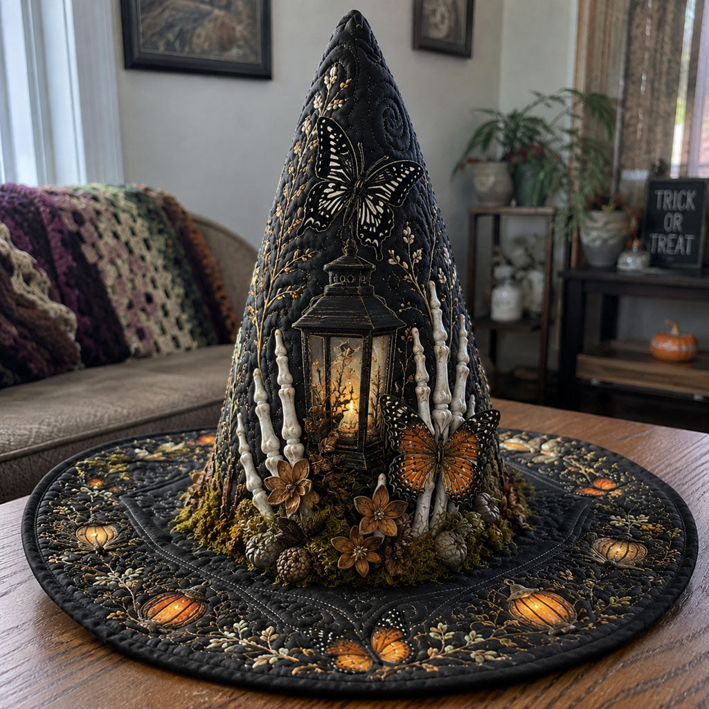 The Bone Keeper quilted witch hat, all-over print on cone and brim