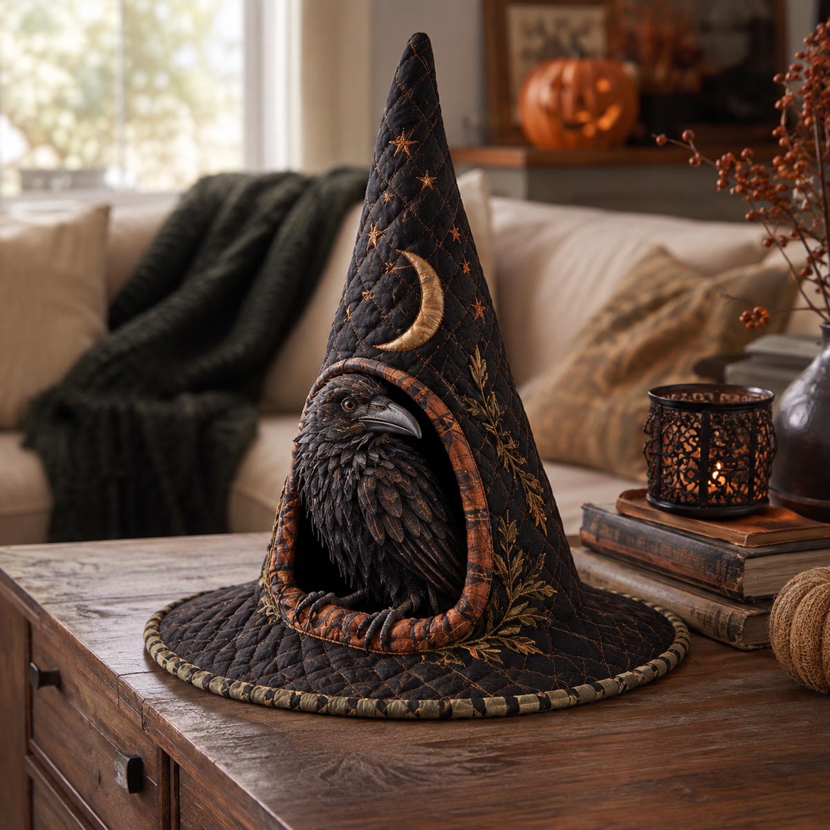 The Crescent Raven quilted witch hat, all-over print on cone and brim