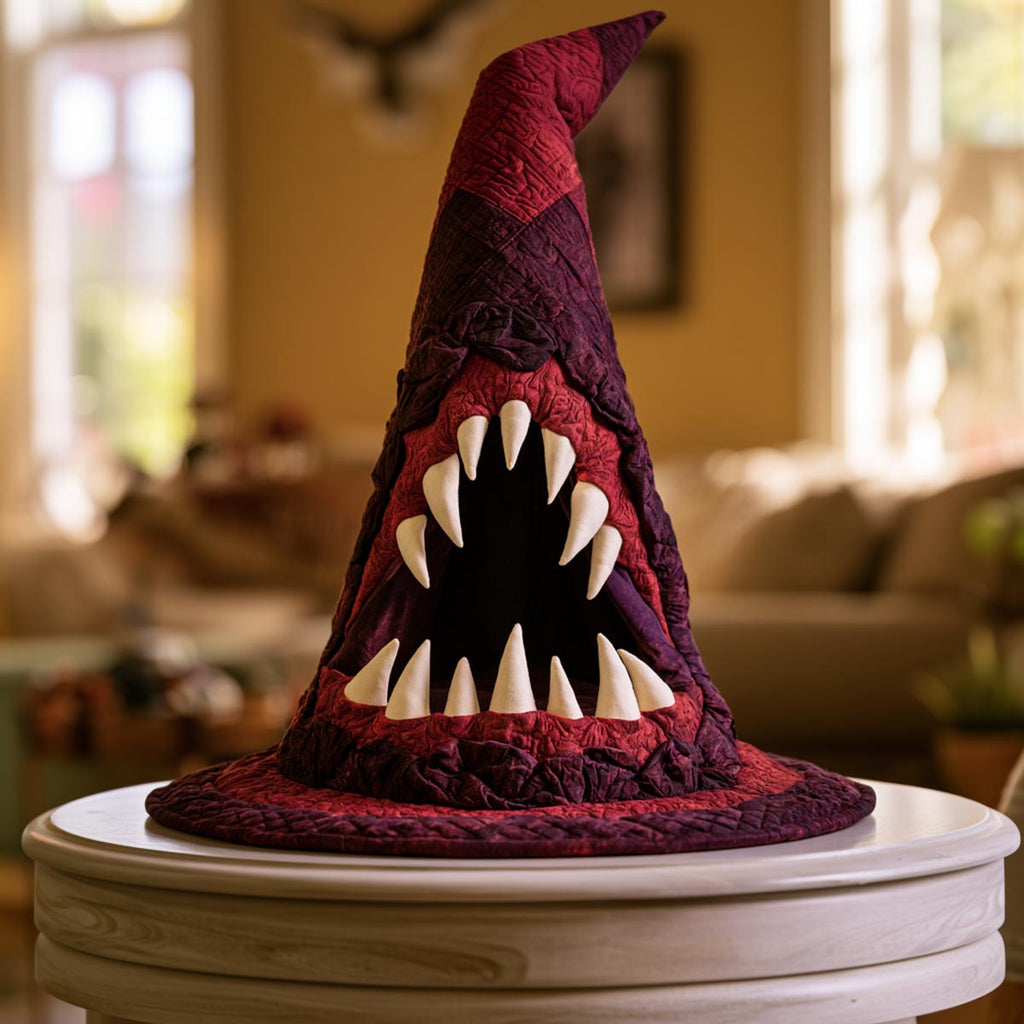 The Crimson Curse quilted witch hat, all-over print on cone and brim