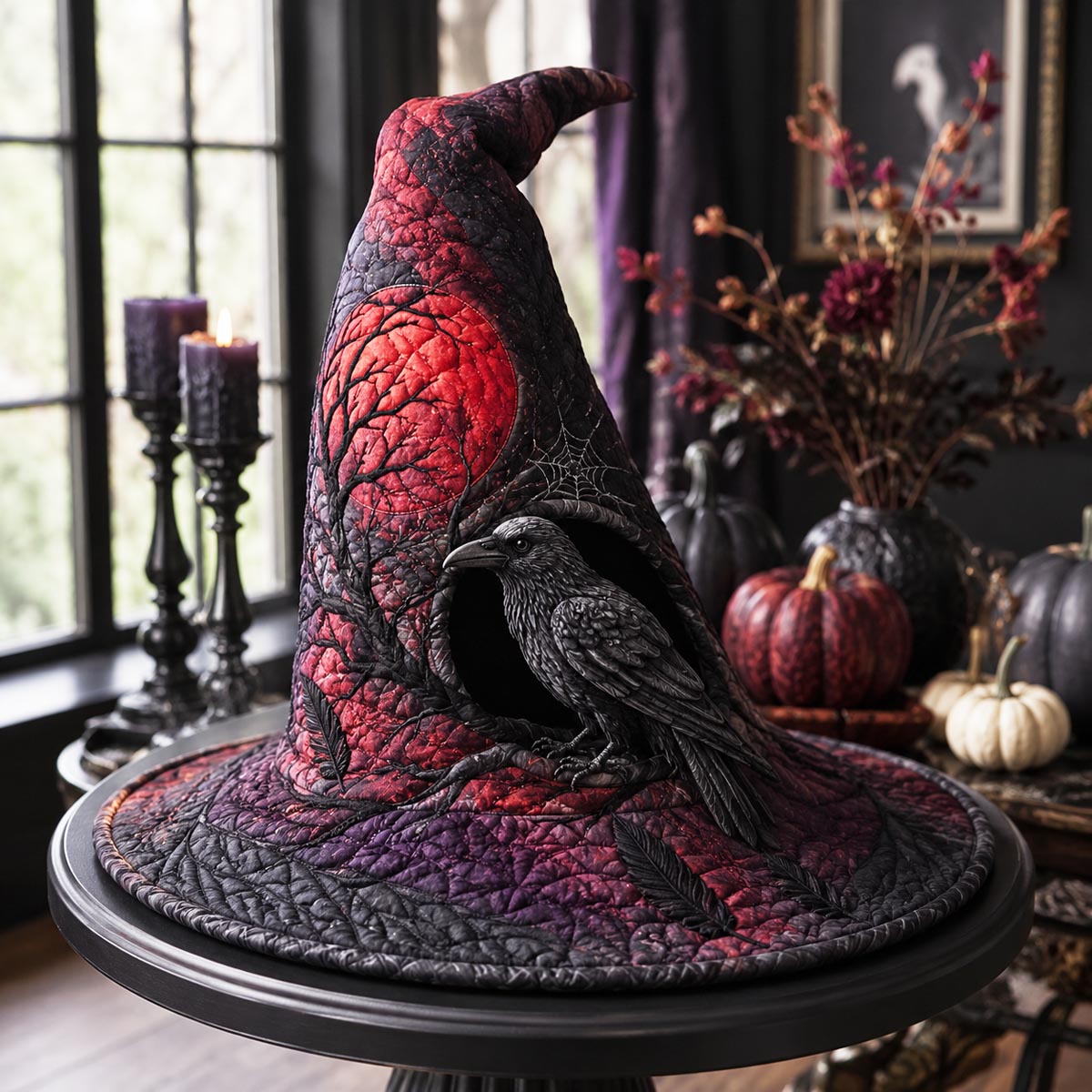 The Crimson Raven quilted witch hat, all-over print on cone and brim