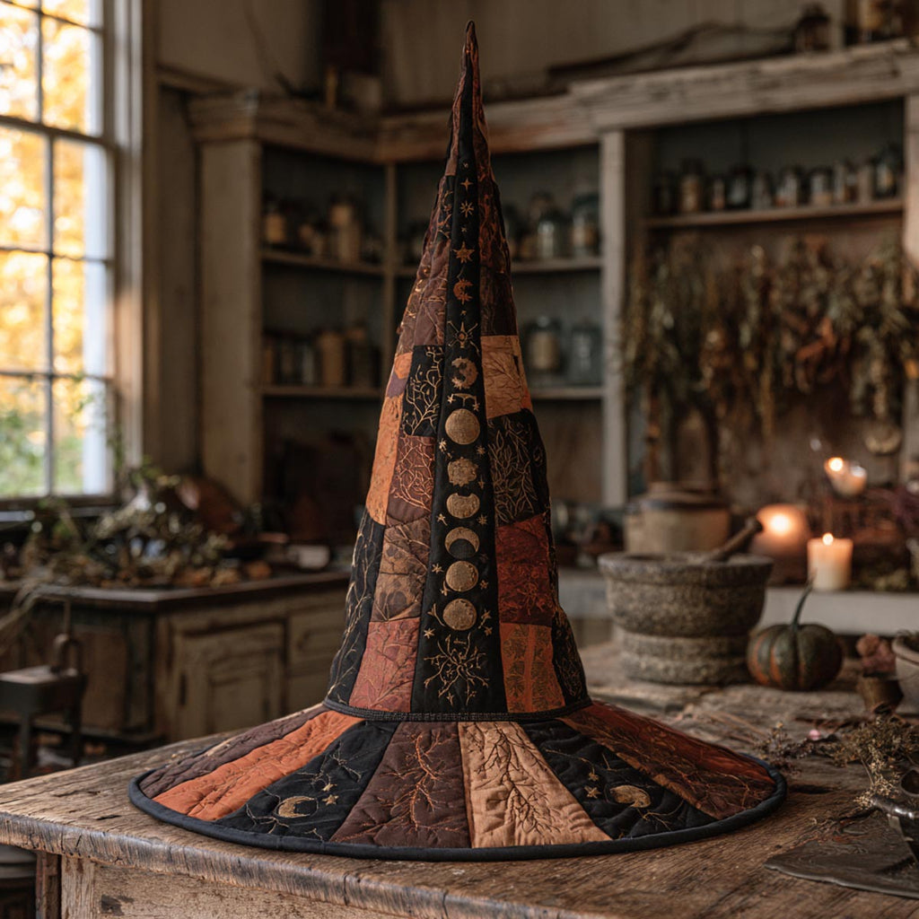 The Harvest Moon quilted witch hat, all-over print on cone and brim