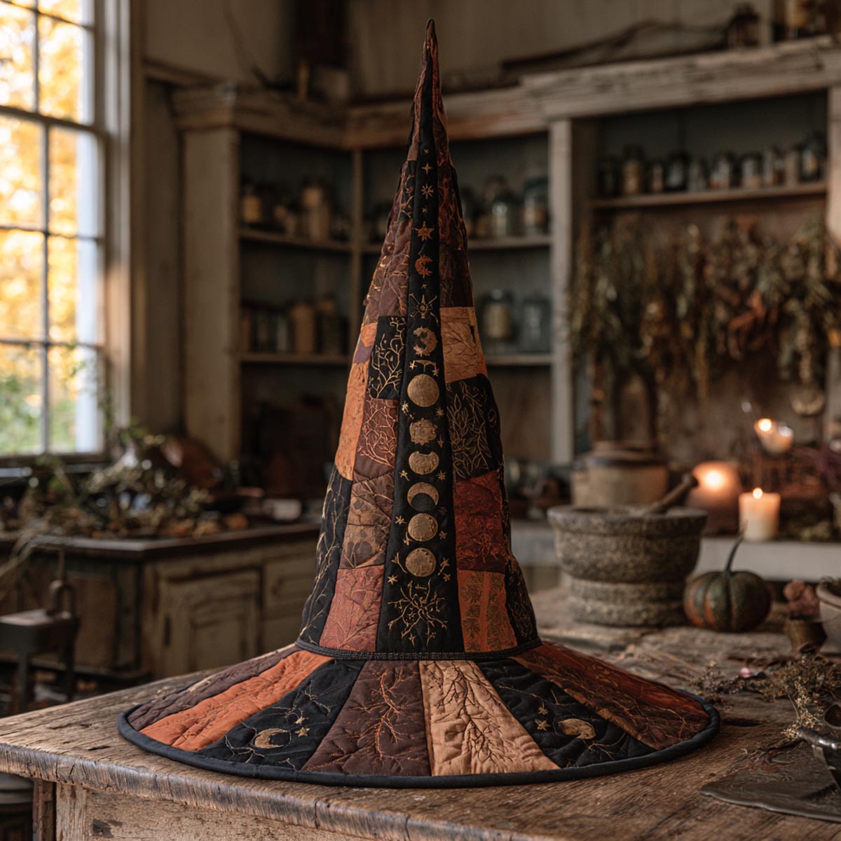 The Harvest Moon quilted witch hat, all-over print on cone and brim