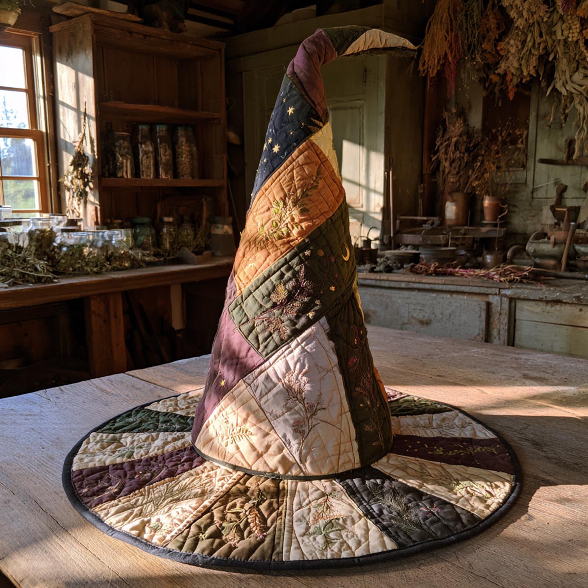 The Hearth Witch quilted witch hat, all-over print on cone and brim
