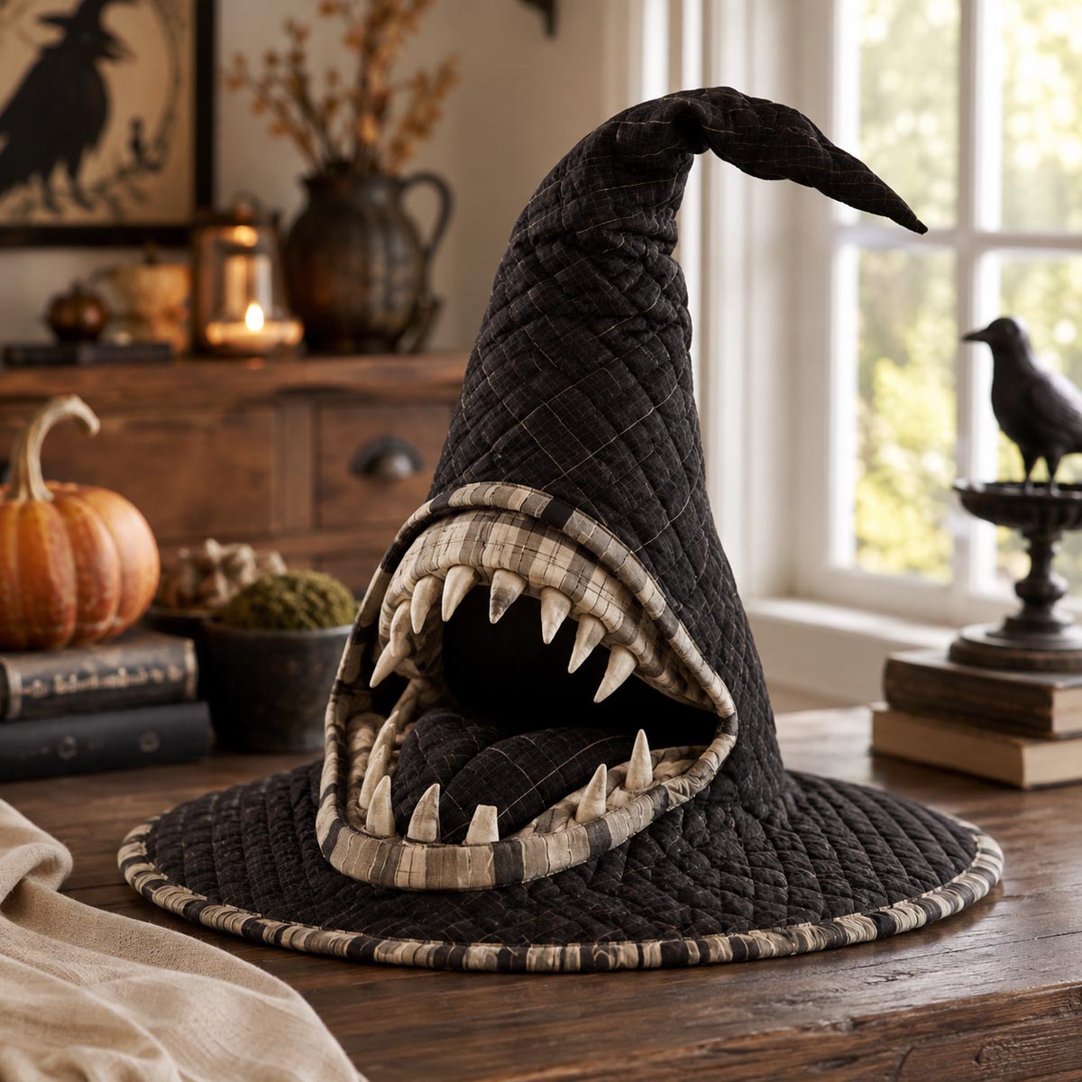 The Hungry Hex quilted witch hat, all-over print on cone and brim