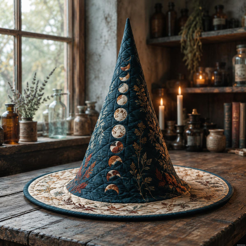 The Lunar Witch quilted witch hat, all-over print on cone and brim