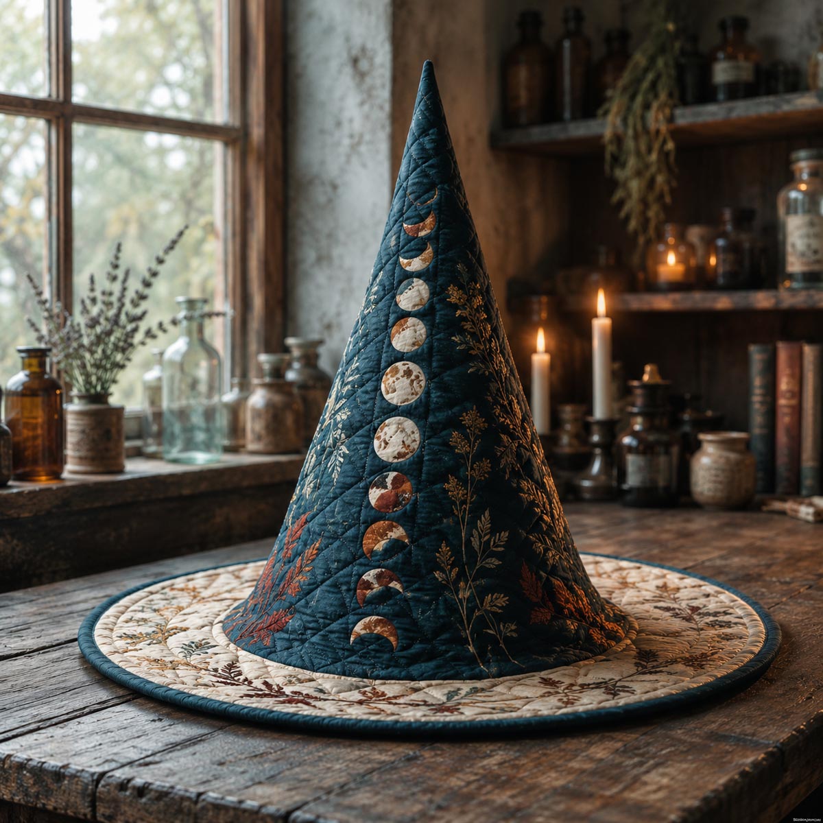The Lunar Witch quilted witch hat, all-over print on cone and brim