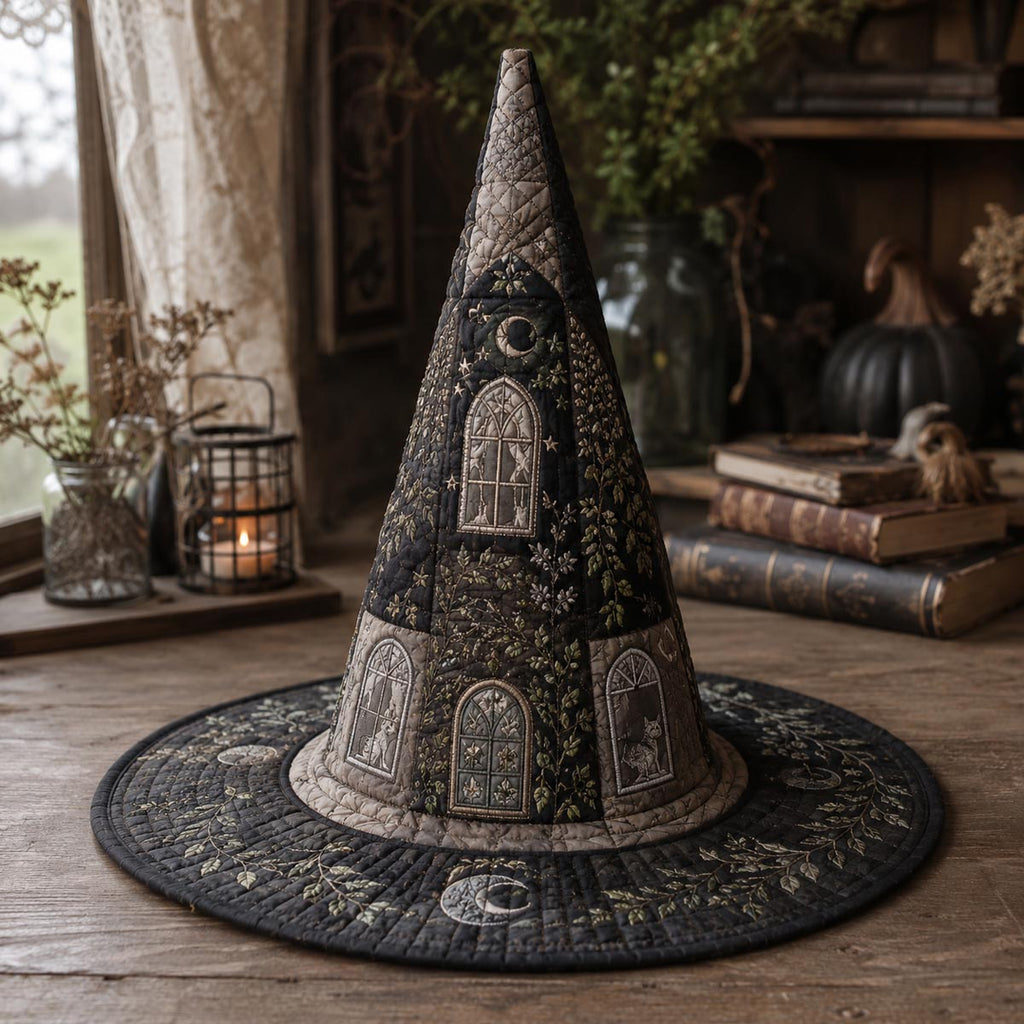 The Midnight Chapel quilted witch hat, all-over print on cone and brim