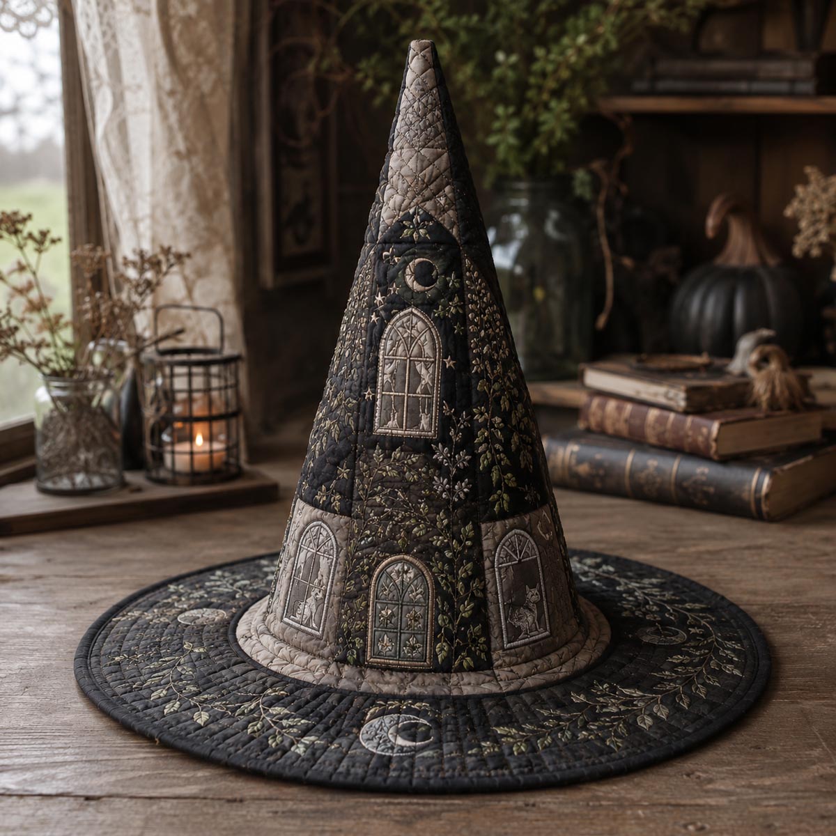 The Midnight Chapel quilted witch hat, all-over print on cone and brim