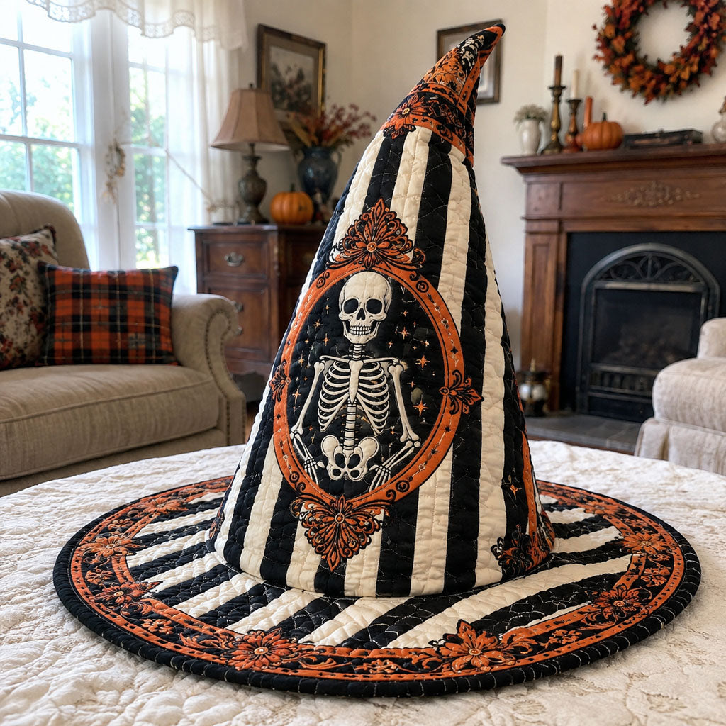 The Midnight Skeleton quilted witch hat, all-over print on cone and brim