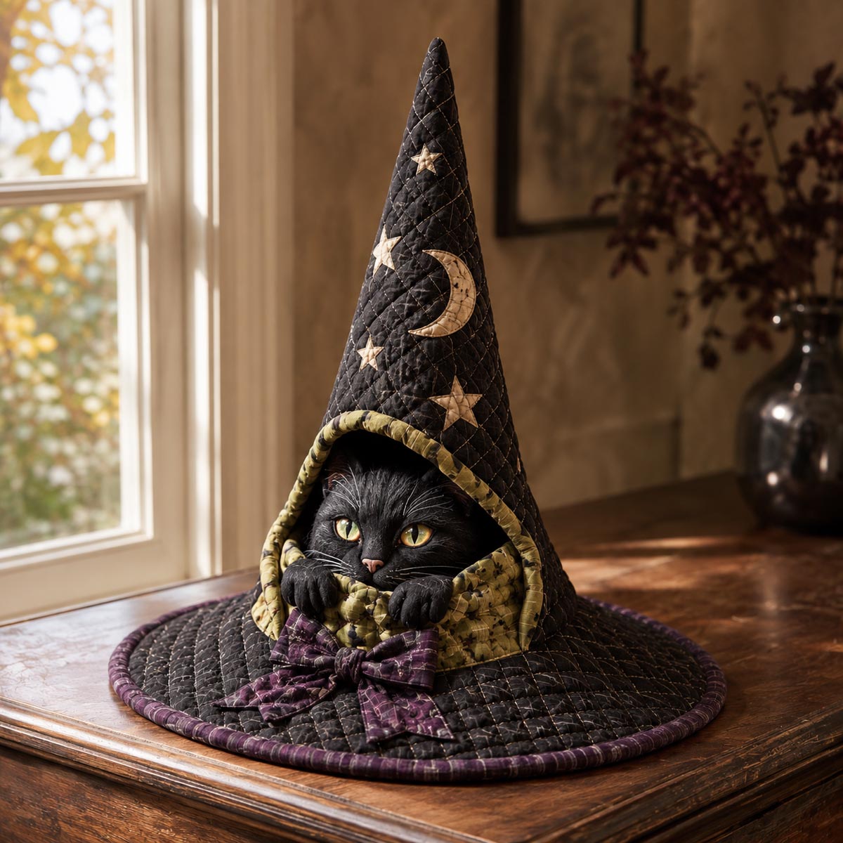 The Moonlit Familiar quilted witch hat, all-over print on cone and brim