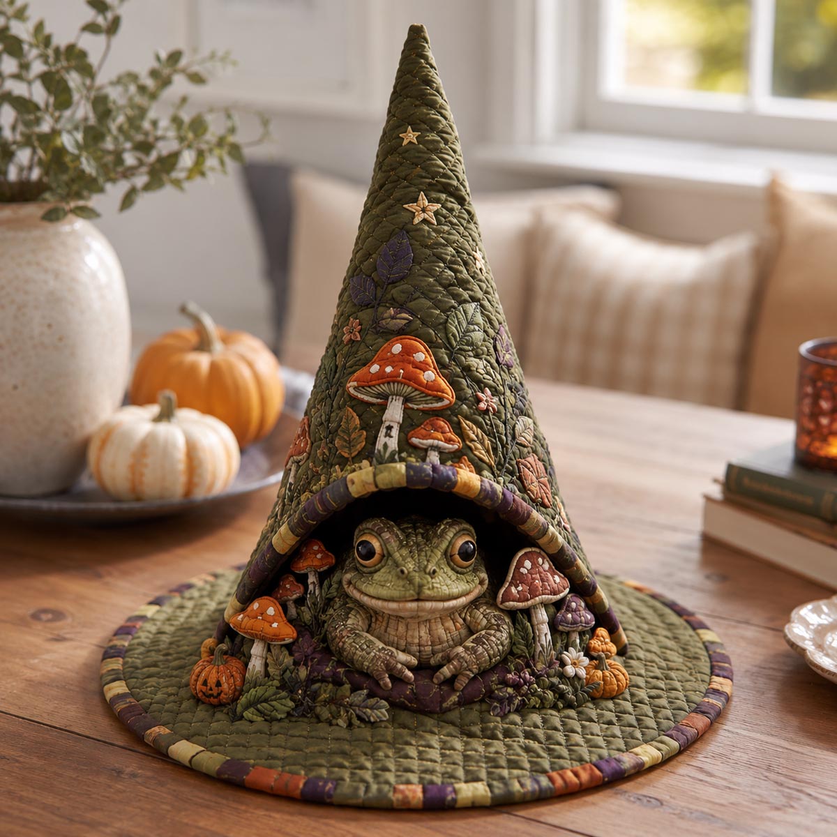 The Mushroom Familiar quilted witch hat, all-over print on cone and brim