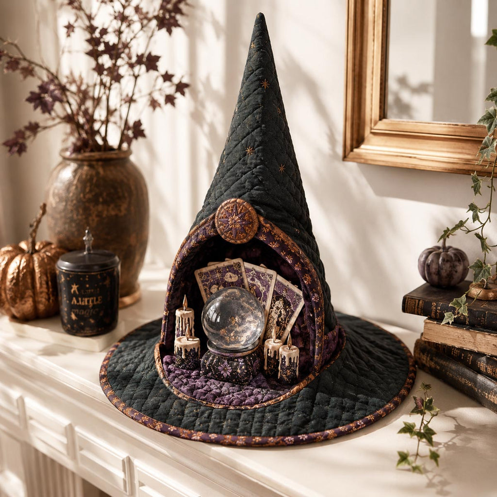 The Mystic Coven quilted witch hat, all-over print on cone and brim