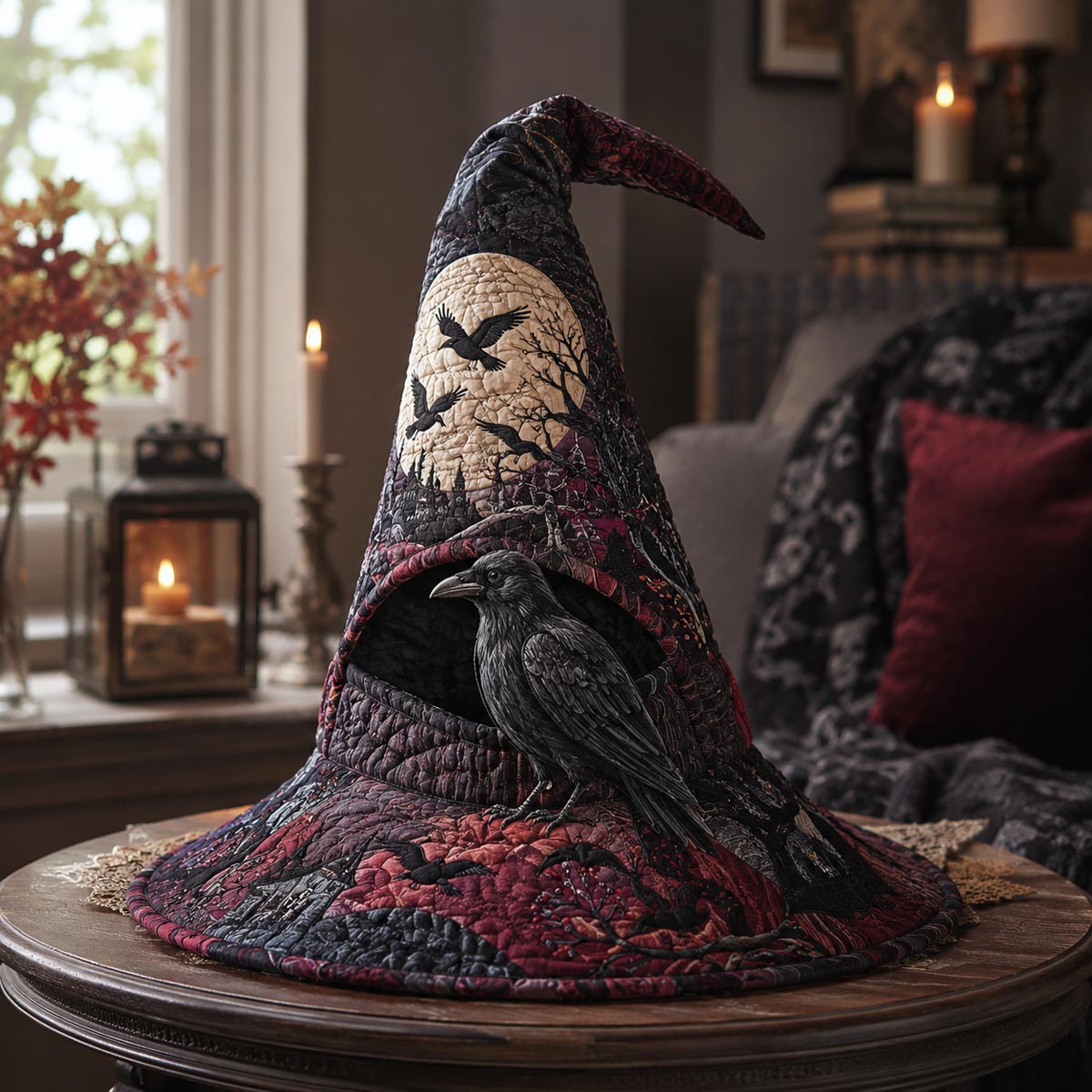 The Omen Raven quilted witch hat, all-over print on cone and brim