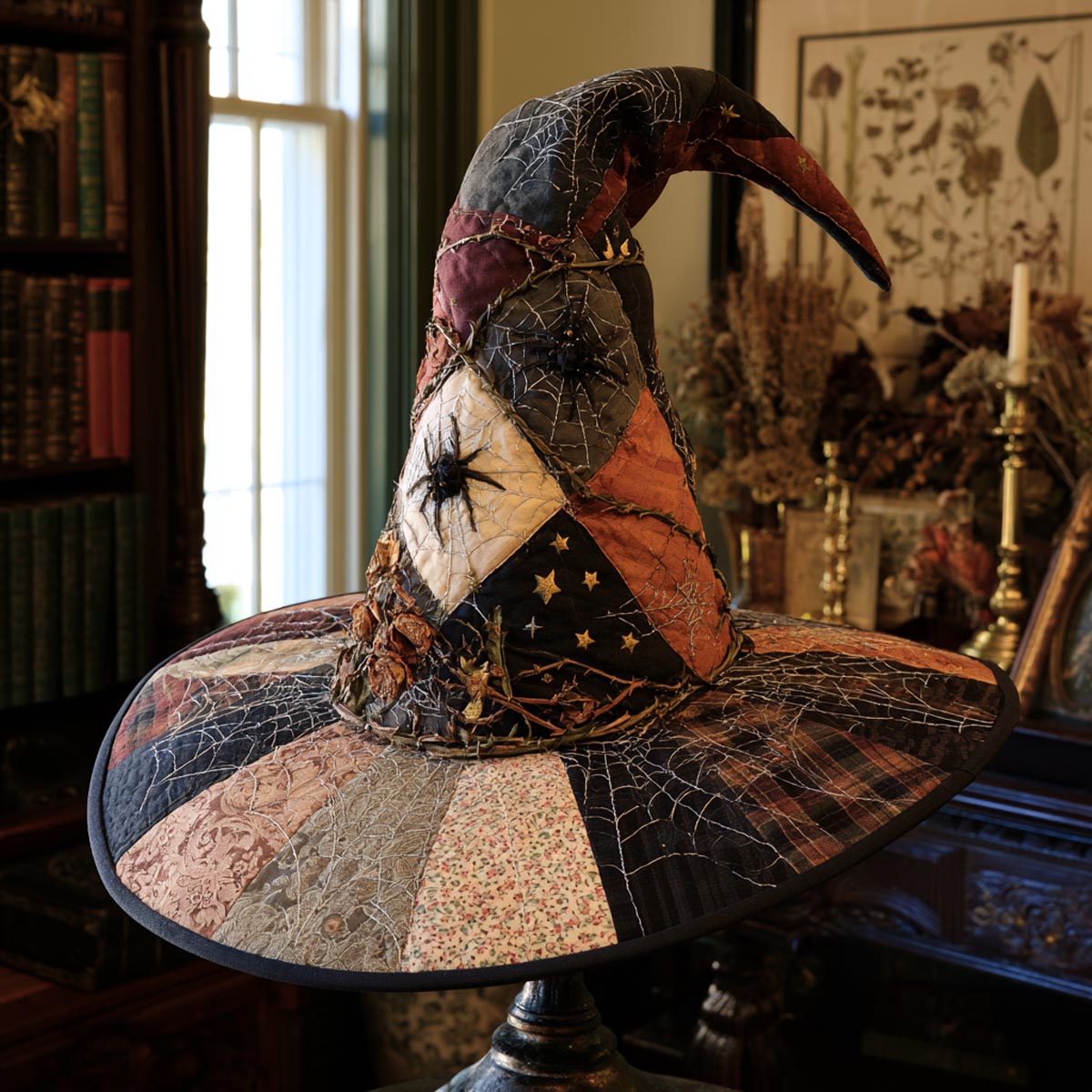 The Patchwork Witch quilted witch hat, all-over print on cone and brim