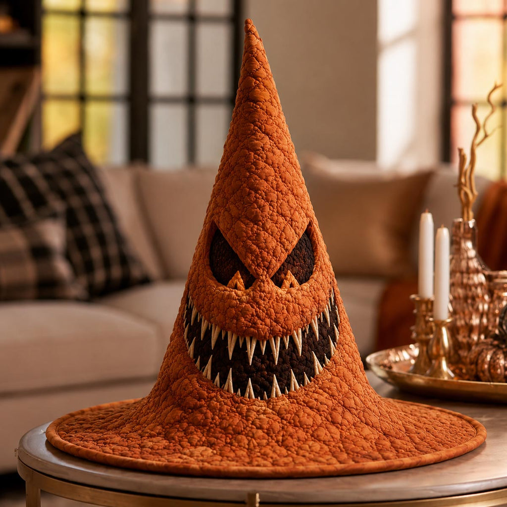 The Pumpkin Hex quilted witch hat, all-over print on cone and brim