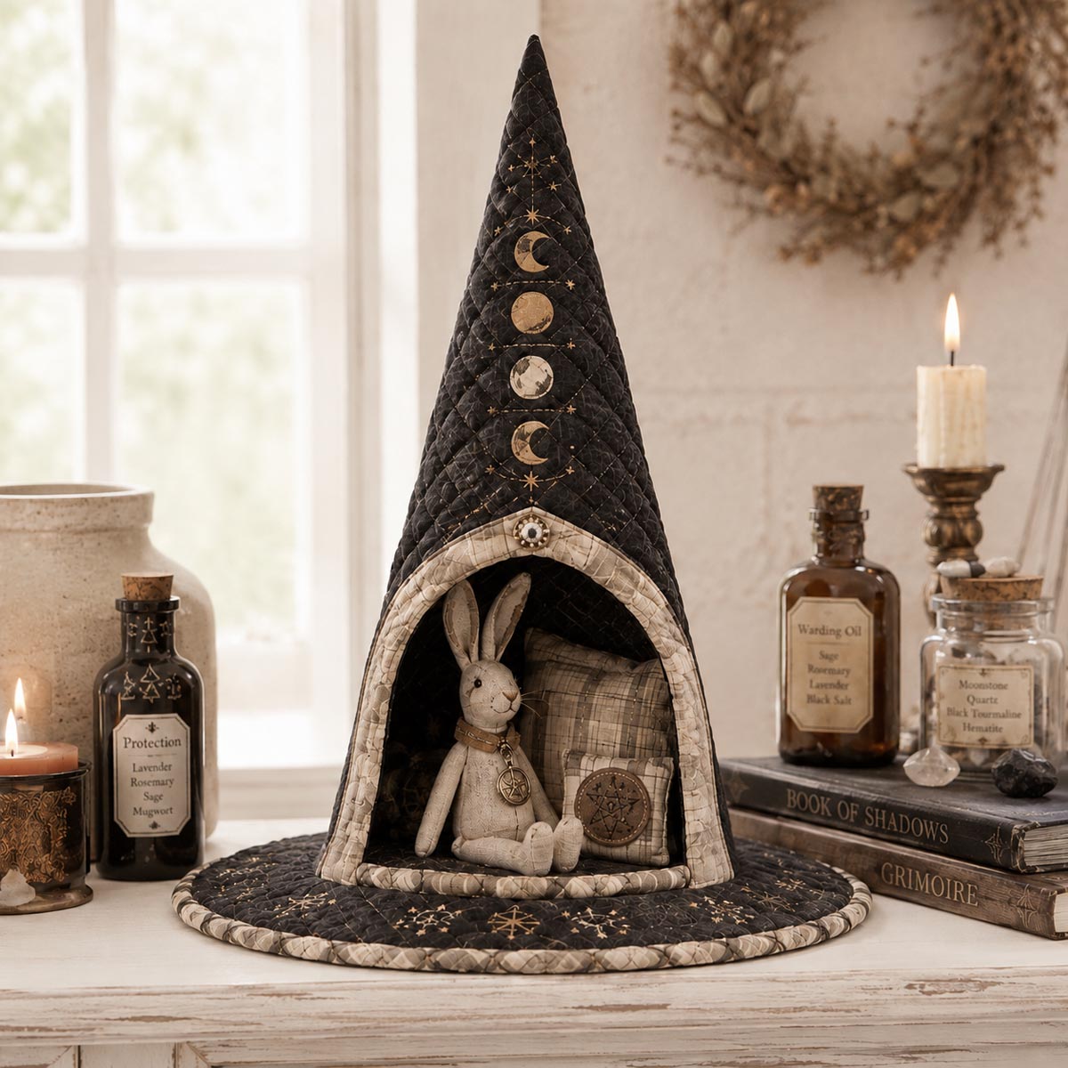 The Rabbit Ritual quilted witch hat, all-over print on cone and brim