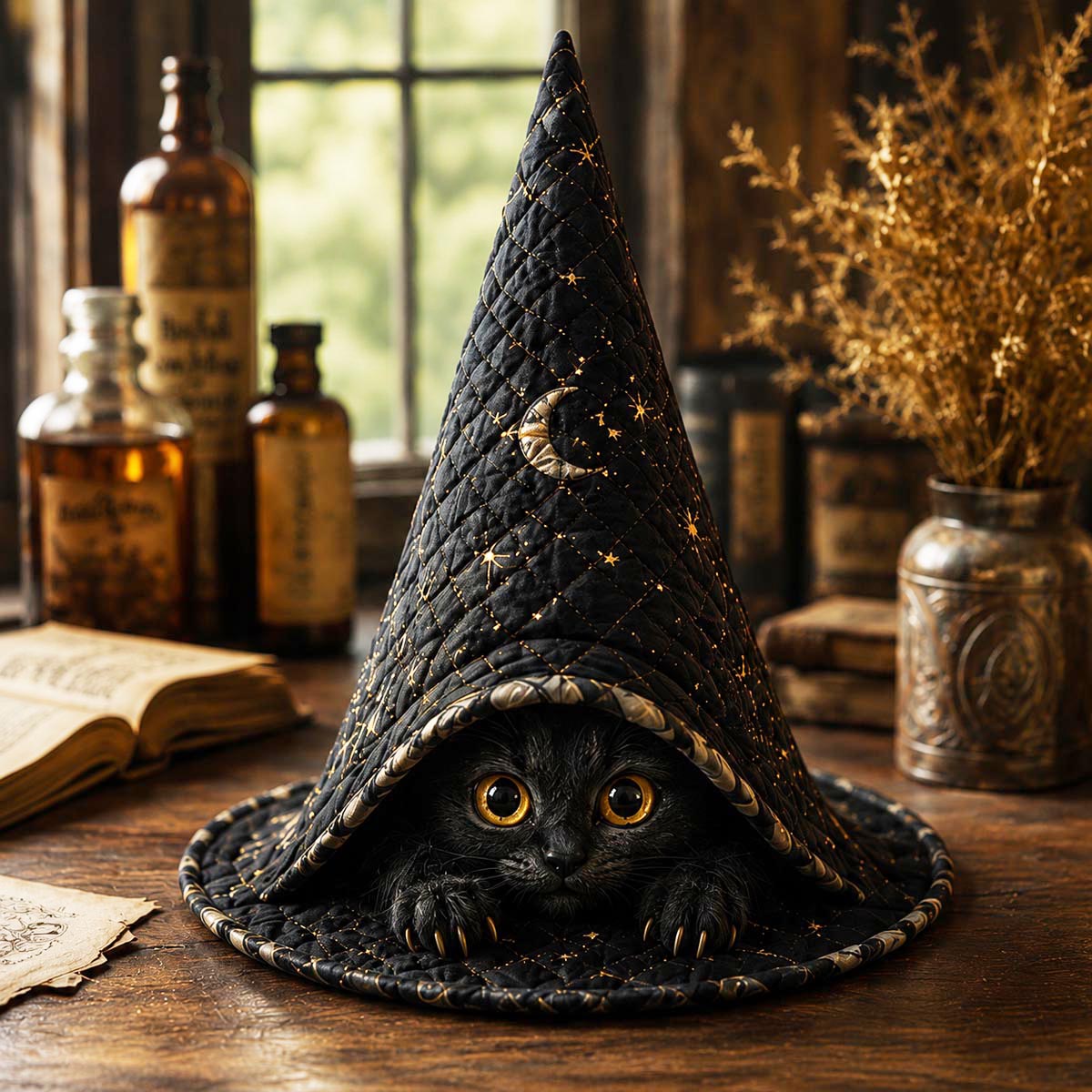The Shadow Cat Witch quilted witch hat, all-over print on cone and brim