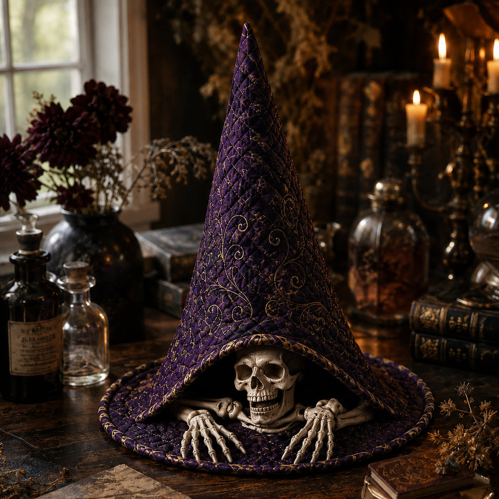 The Skeleton Trick quilted witch hat, all-over print on cone and brim