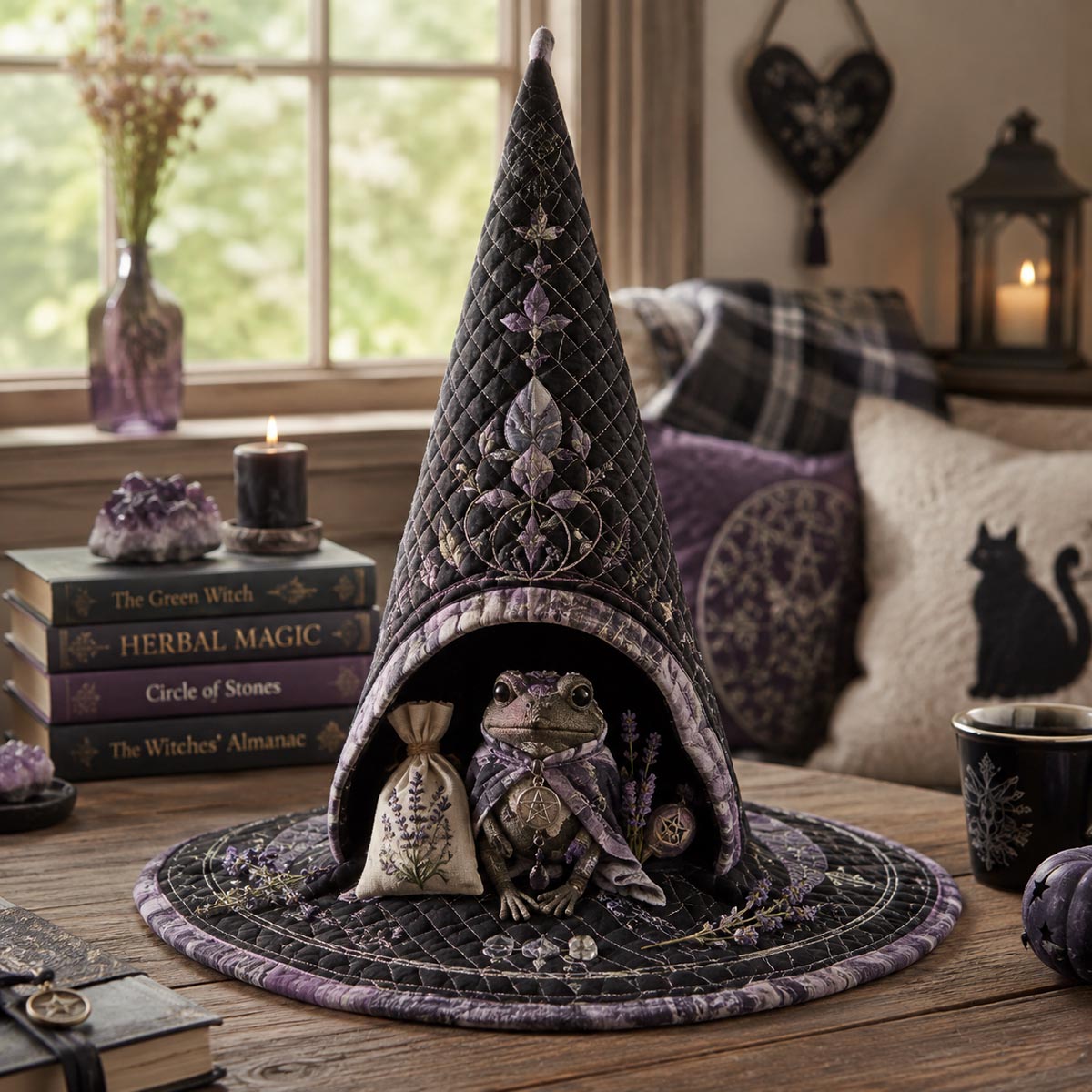 The Toad Familiar quilted witch hat, all-over print on cone and brim