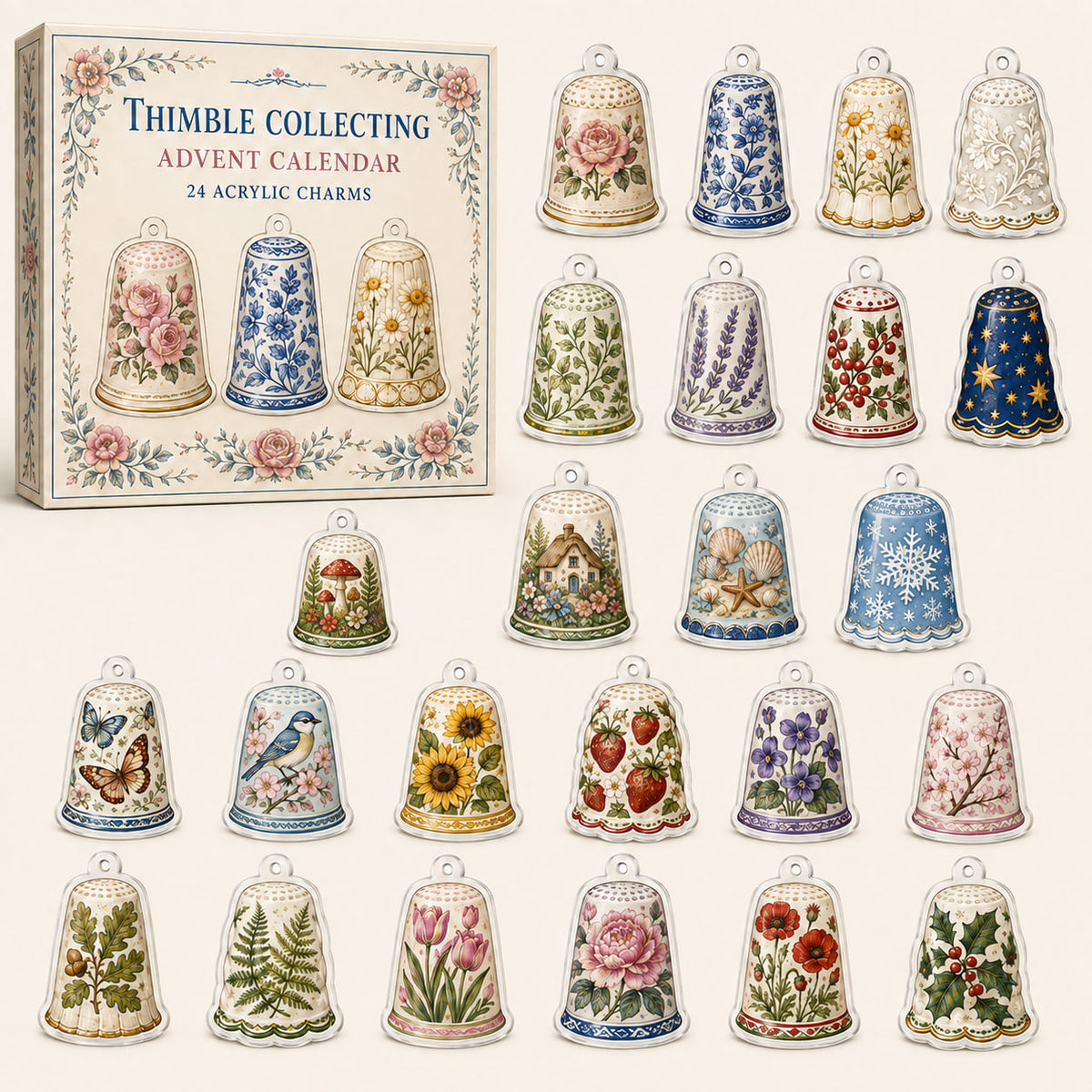 Thimble Collecting advent calendar box with 24 printed acrylic charms