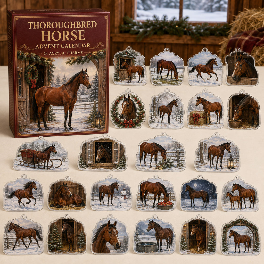 Thoroughbred Horse advent calendar box and 24 illustrated acrylic charms displayed on an ivory tabletop in a winter setting