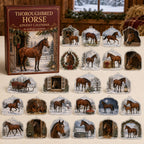 Thoroughbred Horse advent calendar box and 24 illustrated acrylic charms displayed on an ivory tabletop in a winter setting